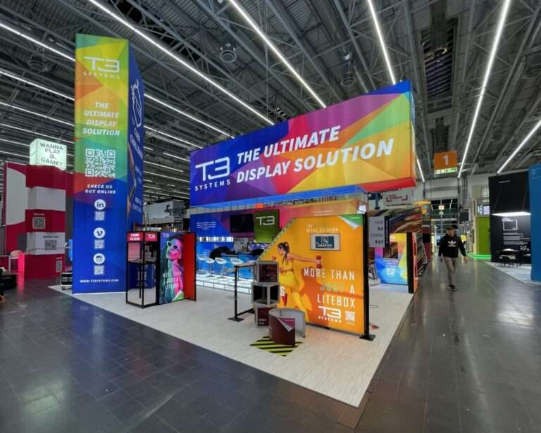 T3 exhibition stand at EuroShop 2023 with illuminated graphics