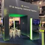 T3 modular archway with illuminated rooftop canopy designed for ThreatSpike sustainable exhibition stand.