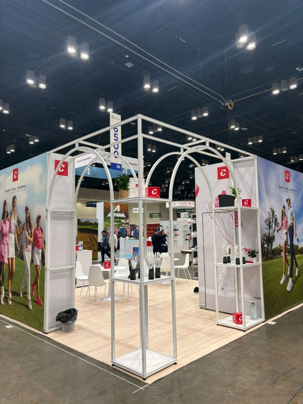 Full view of Duca del Cosma exhibition stand built with T3 Framework and SEG graphics